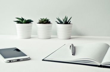 Notatnik, telefon i rośliny na biurku