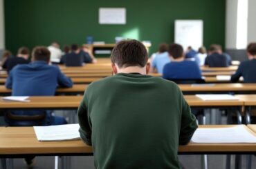 Odwołanie od matury - młody mężczyzna na egzaminie w sali przy ławce